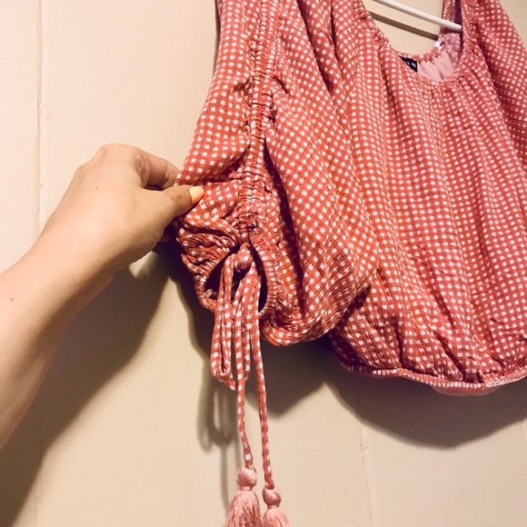 Miss Me Rose & White Gingham Crop Top Has Tassels - Picture 3 of 4